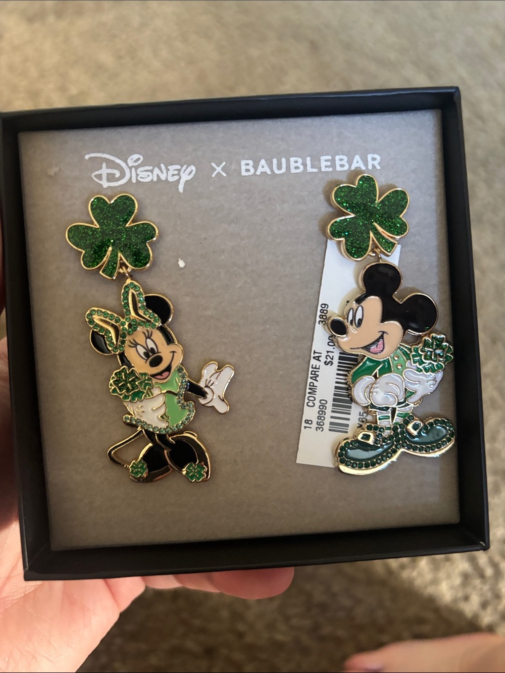 Green Minnie & Mickey Shamrock Drop Earrings